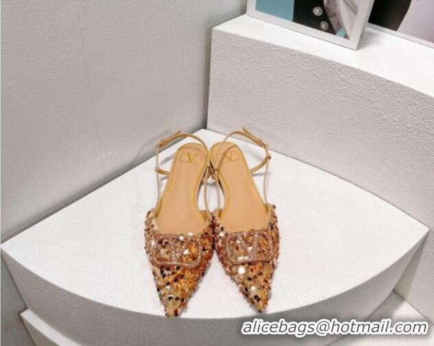 Best Product Valentino Crystal VLogo Slingbacks Flat in Shiny Sequins Beige 330047