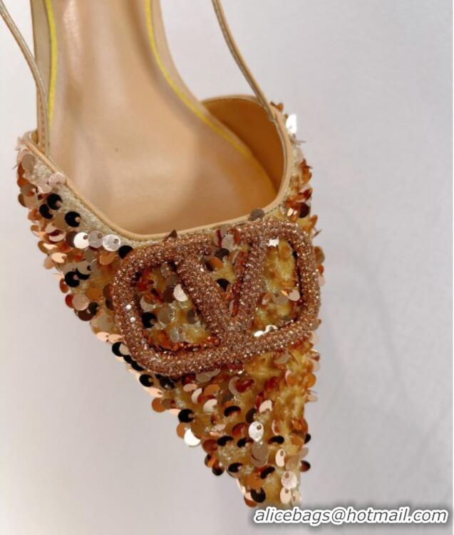 Best Product Valentino Crystal VLogo Slingbacks Flat in Shiny Sequins Beige 330047