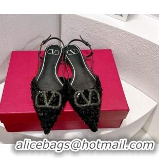 Charming Valentino Crystal VLogo Slingbacks Flat in Shiny Sequins Black 330048