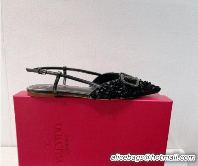 Charming Valentino Crystal VLogo Slingbacks Flat in Shiny Sequins Black 330048