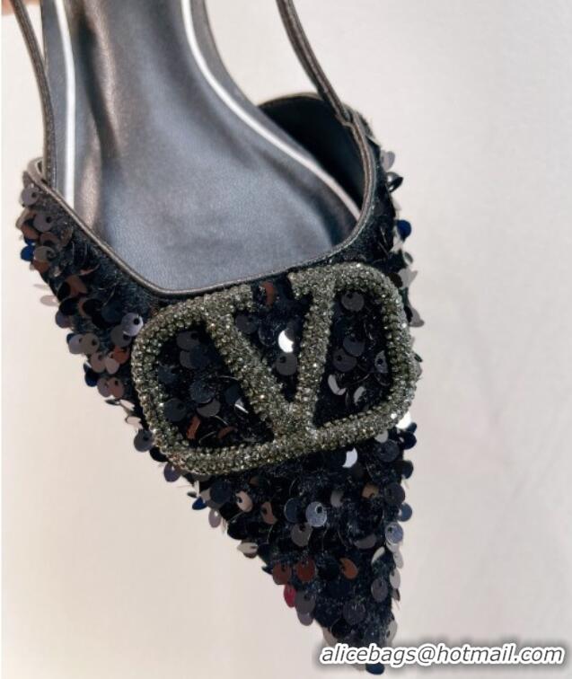 Charming Valentino Crystal VLogo Slingbacks Flat in Shiny Sequins Black 330048