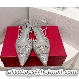 Good Quality Valentino Crystal VLogo Slingbacks Flat in Shiny Sequins Silver 330049