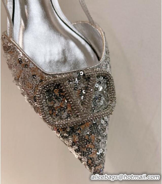 Good Quality Valentino Crystal VLogo Slingbacks Flat in Shiny Sequins Silver 330049