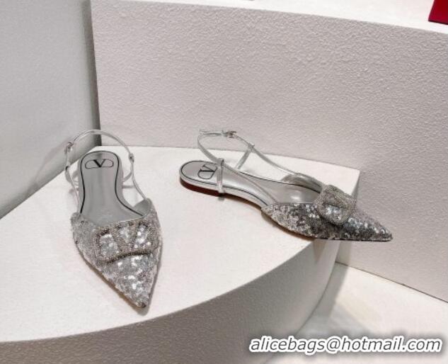 Good Quality Valentino Crystal VLogo Slingbacks Flat in Shiny Sequins Silver 330049