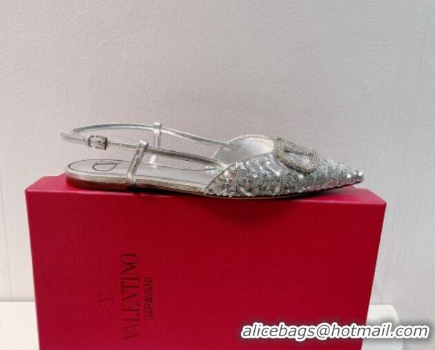 Good Quality Valentino Crystal VLogo Slingbacks Flat in Shiny Sequins Silver 330049