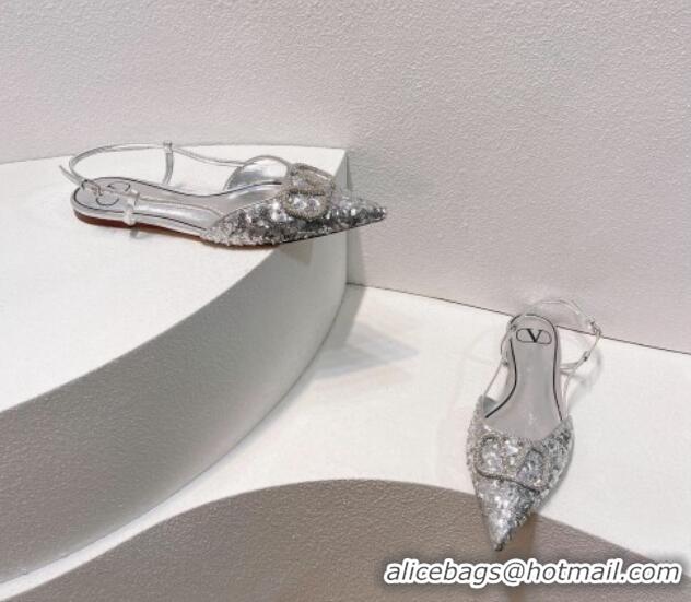 Good Quality Valentino Crystal VLogo Slingbacks Flat in Shiny Sequins Silver 330049