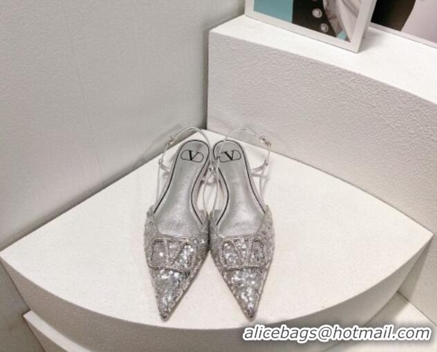 Good Quality Valentino Crystal VLogo Slingbacks Flat in Shiny Sequins Silver 330049