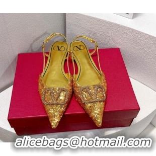 Good Looking Valentino Crystal VLogo Slingbacks Flat in Shiny Sequins Gold 330050