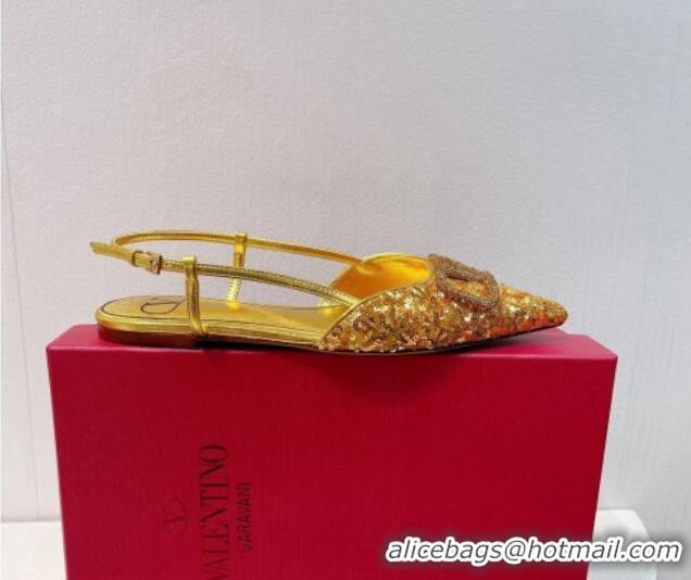 Good Looking Valentino Crystal VLogo Slingbacks Flat in Shiny Sequins Gold 330050