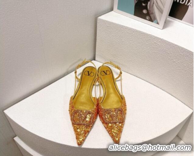 Good Looking Valentino Crystal VLogo Slingbacks Flat in Shiny Sequins Gold 330050