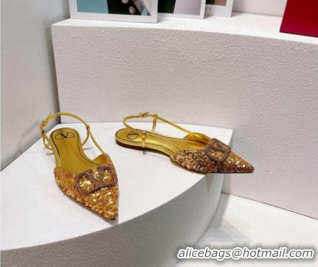 Good Looking Valentino Crystal VLogo Slingbacks Flat in Shiny Sequins Gold 330050