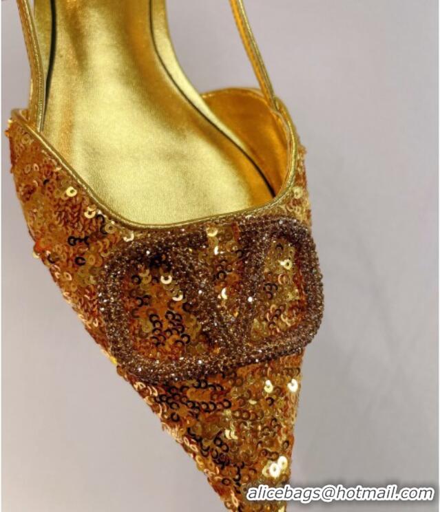 Good Looking Valentino Crystal VLogo Slingbacks Flat in Shiny Sequins Gold 330050