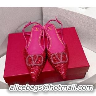 Popular Style Valentino Crystal VLogo Slingbacks Flat in Shiny Sequins Dark Pink 330051