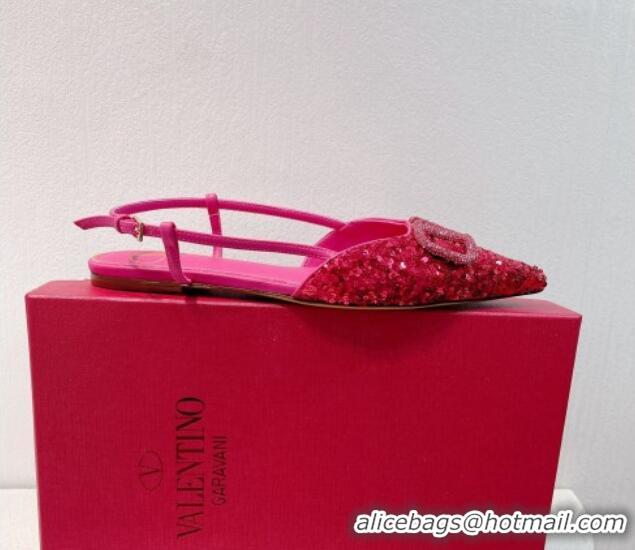 Popular Style Valentino Crystal VLogo Slingbacks Flat in Shiny Sequins Dark Pink 330051