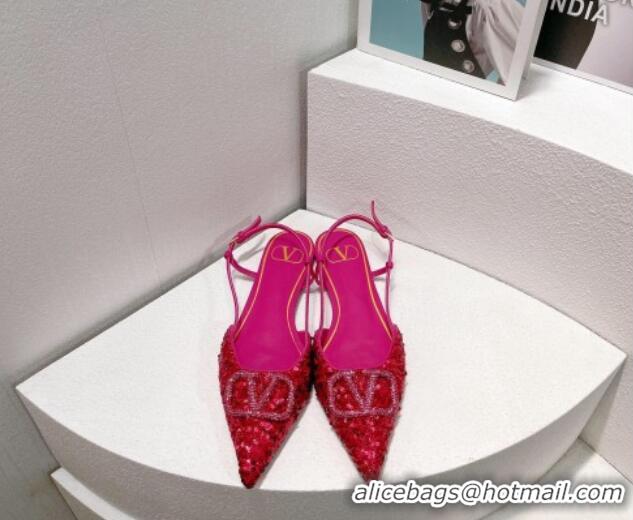 Popular Style Valentino Crystal VLogo Slingbacks Flat in Shiny Sequins Dark Pink 330051