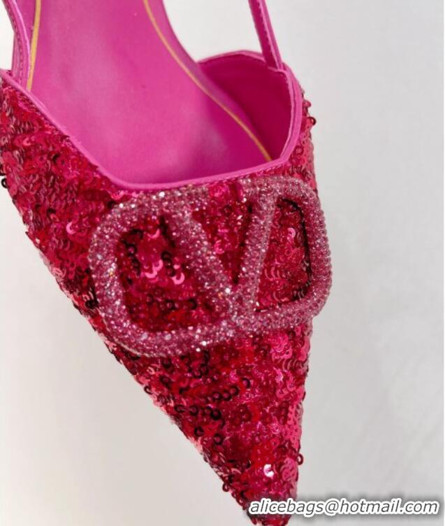 Popular Style Valentino Crystal VLogo Slingbacks Flat in Shiny Sequins Dark Pink 330051