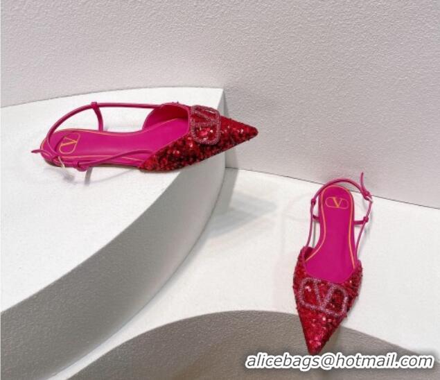 Popular Style Valentino Crystal VLogo Slingbacks Flat in Shiny Sequins Dark Pink 330051