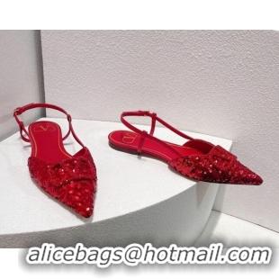 Low Price Valentino Crystal VLogo Slingbacks Flat in Shiny Sequins Red 330052