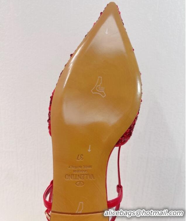 Low Price Valentino Crystal VLogo Slingbacks Flat in Shiny Sequins Red 330052