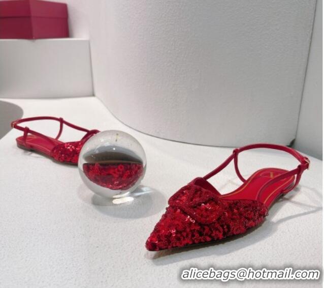 Low Price Valentino Crystal VLogo Slingbacks Flat in Shiny Sequins Red 330052