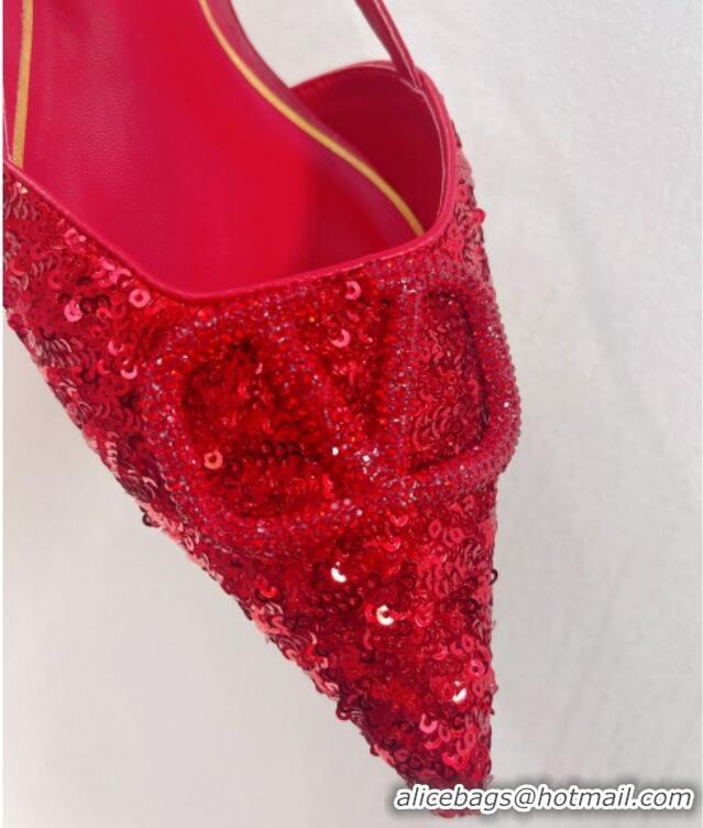 Low Price Valentino Crystal VLogo Slingbacks Flat in Shiny Sequins Red 330052