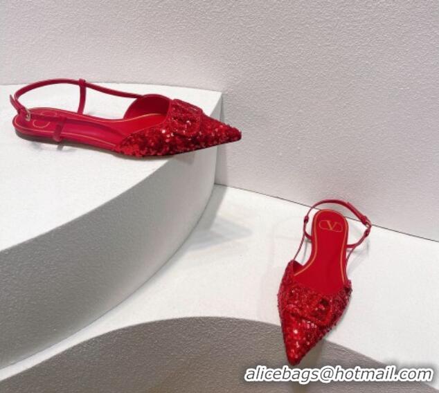 Low Price Valentino Crystal VLogo Slingbacks Flat in Shiny Sequins Red 330052