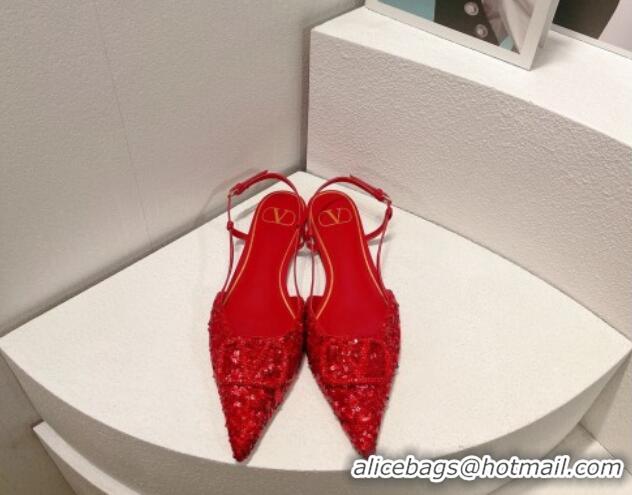 Low Price Valentino Crystal VLogo Slingbacks Flat in Shiny Sequins Red 330052