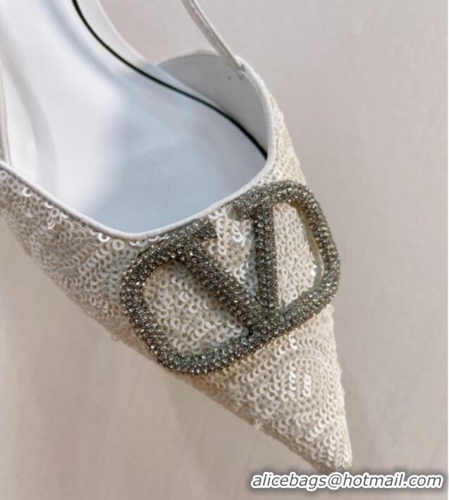 Elegant Valentino Crystal VLogo Slingbacks Flat in Shiny Sequins White 330053