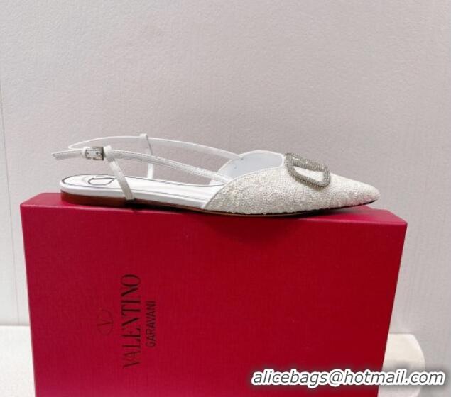 Elegant Valentino Crystal VLogo Slingbacks Flat in Shiny Sequins White 330053