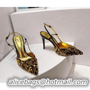 Trendy Design Valentino Crystal VLogo Slingbacks Pumps in Shiny Sequins Black/Gold 330054