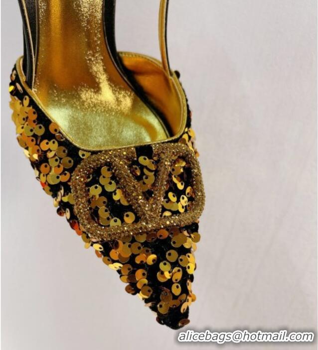 Trendy Design Valentino Crystal VLogo Slingbacks Pumps in Shiny Sequins Black/Gold 330054