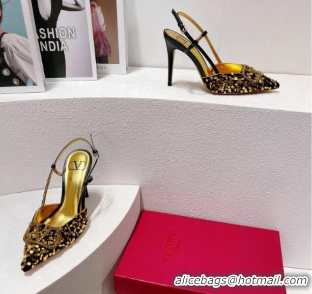 Trendy Design Valentino Crystal VLogo Slingbacks Pumps in Shiny Sequins Black/Gold 330054