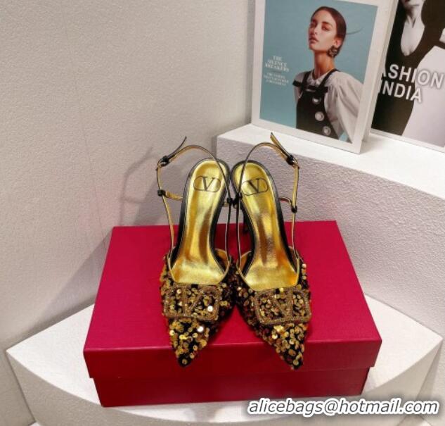 Trendy Design Valentino Crystal VLogo Slingbacks Pumps in Shiny Sequins Black/Gold 330054