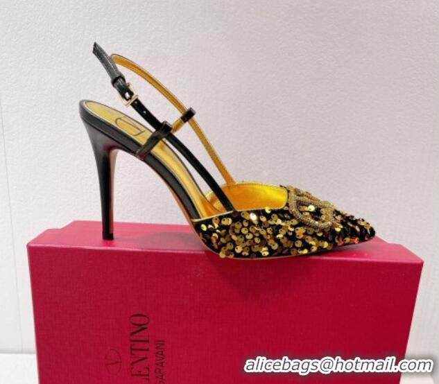 Trendy Design Valentino Crystal VLogo Slingbacks Pumps in Shiny Sequins Black/Gold 330054