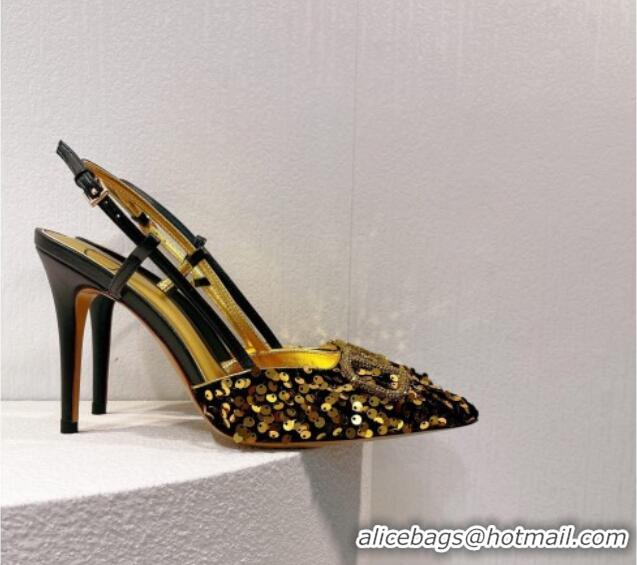 Trendy Design Valentino Crystal VLogo Slingbacks Pumps in Shiny Sequins Black/Gold 330054