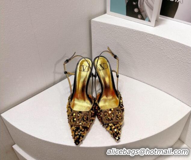 Trendy Design Valentino Crystal VLogo Slingbacks Pumps in Shiny Sequins Black/Gold 330054