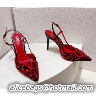 Unique Style Valentino Crystal VLogo Slingbacks Pumps in Shiny Sequins Red/Black 330055