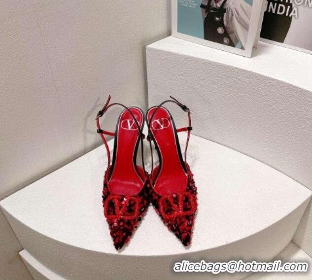 Unique Style Valentino Crystal VLogo Slingbacks Pumps in Shiny Sequins Red/Black 330055