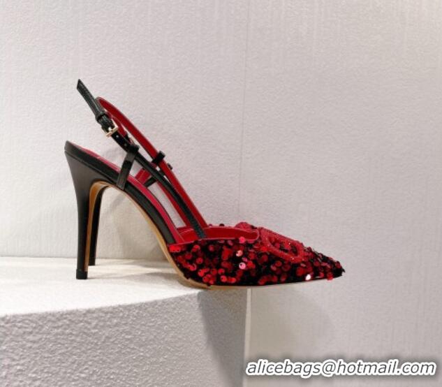 Unique Style Valentino Crystal VLogo Slingbacks Pumps in Shiny Sequins Red/Black 330055