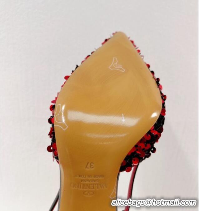 Unique Style Valentino Crystal VLogo Slingbacks Pumps in Shiny Sequins Red/Black 330055