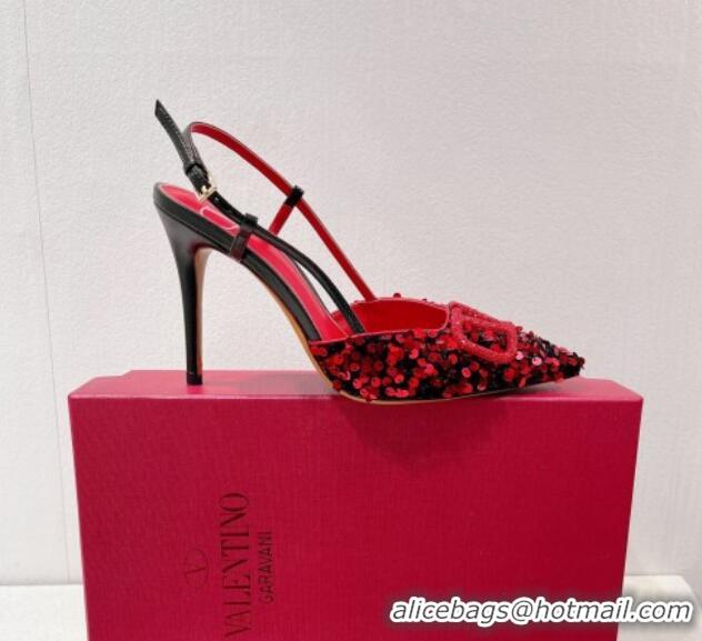 Unique Style Valentino Crystal VLogo Slingbacks Pumps in Shiny Sequins Red/Black 330055