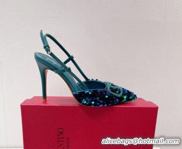 Good Product Valentino Crystal VLogo Slingbacks Pumps in Shiny Sequins Blue/Green 330056