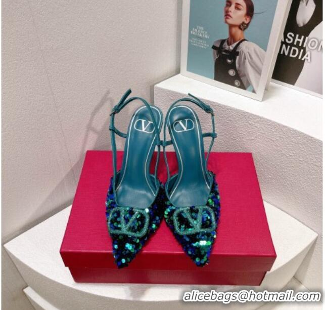 Good Product Valentino Crystal VLogo Slingbacks Pumps in Shiny Sequins Blue/Green 330056