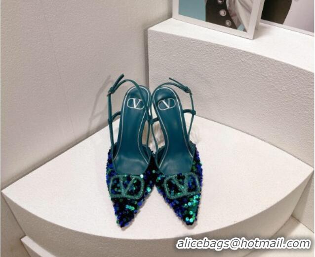 Good Product Valentino Crystal VLogo Slingbacks Pumps in Shiny Sequins Blue/Green 330056