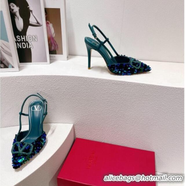 Good Product Valentino Crystal VLogo Slingbacks Pumps in Shiny Sequins Blue/Green 330056