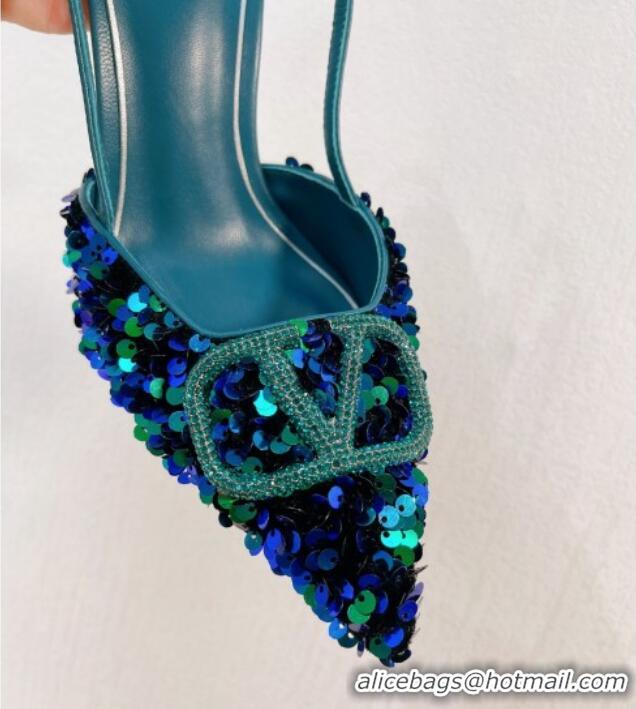 Good Product Valentino Crystal VLogo Slingbacks Pumps in Shiny Sequins Blue/Green 330056