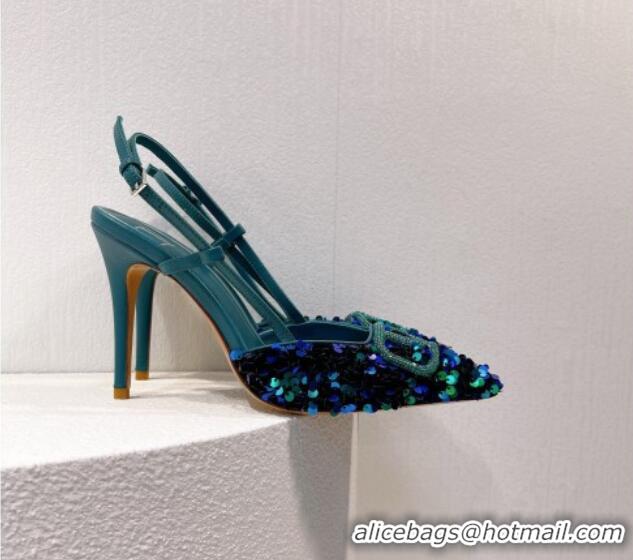 Good Product Valentino Crystal VLogo Slingbacks Pumps in Shiny Sequins Blue/Green 330056