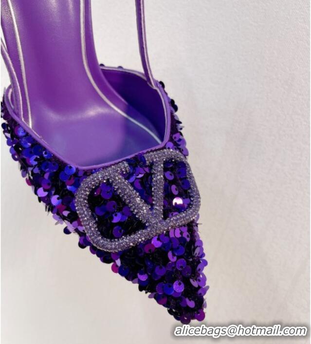 Best Quality Valentino Crystal VLogo Slingbacks Pumps in Shiny Sequins Purple 330057