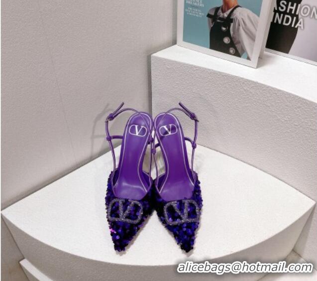 Best Quality Valentino Crystal VLogo Slingbacks Pumps in Shiny Sequins Purple 330057