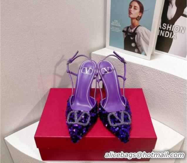 Best Quality Valentino Crystal VLogo Slingbacks Pumps in Shiny Sequins Purple 330057